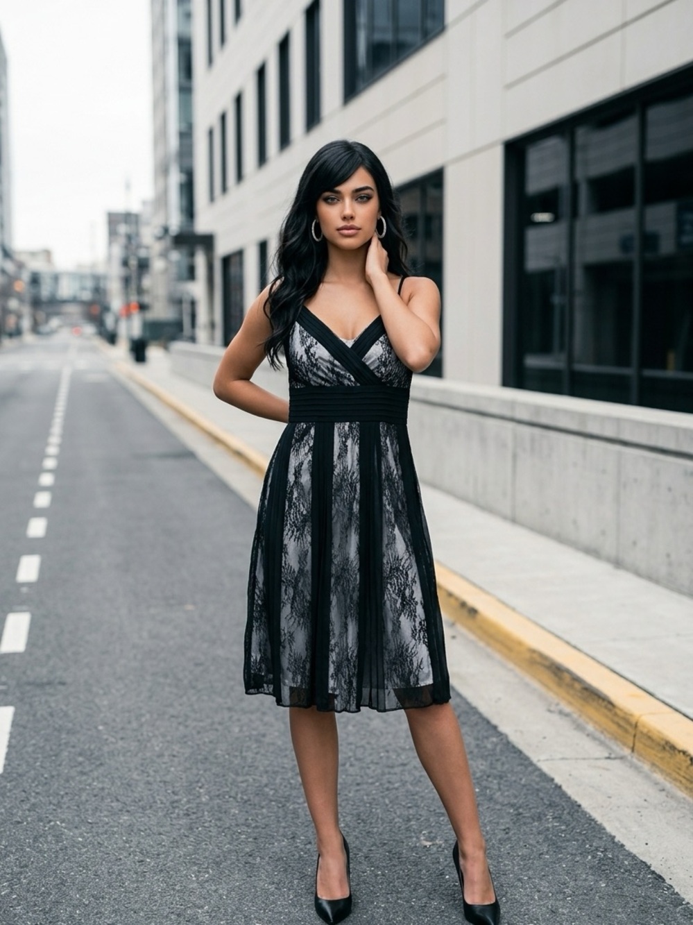 LOFT Black Lace V-Neck Pleated Midi Dress 12P